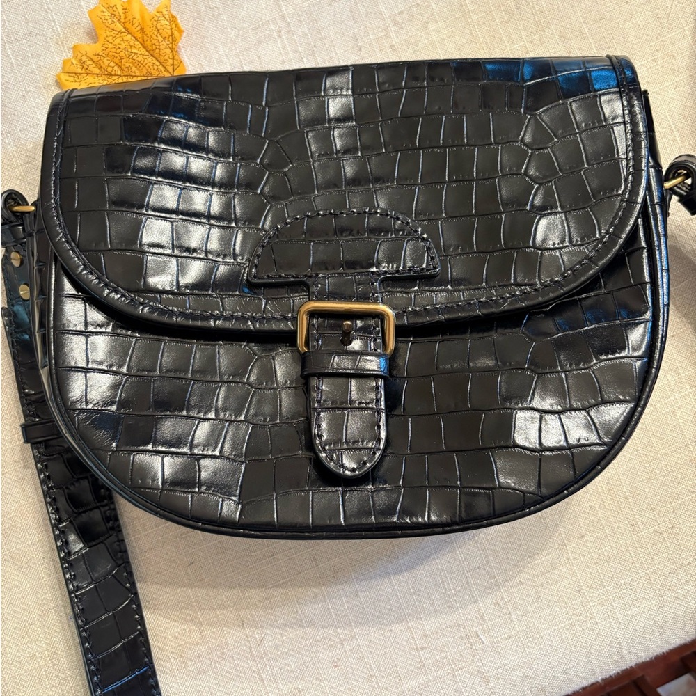 J. Crew Classic Large Saddle Croc-Embossed Leather Bag in Black